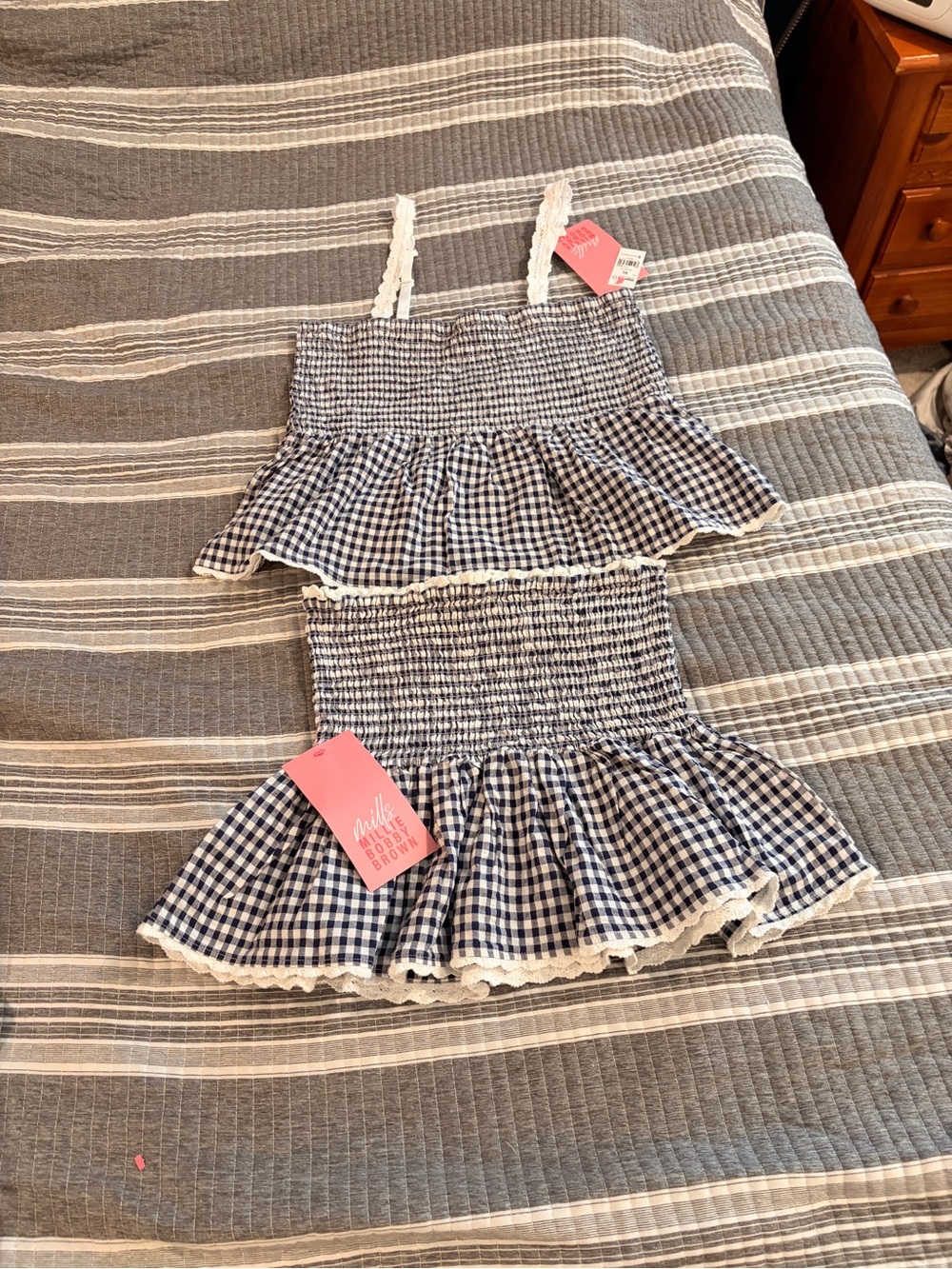 NWT Millie Bobby Brown Smocked Navy Gingham Ruffle Women’s skirt set
